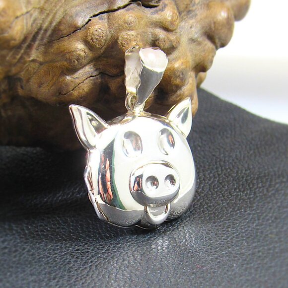 Vintage Solid 925 Sterling Silver Pig Piggy Face Locket Pendant, Photo Keepsake - Picture 3 of 8